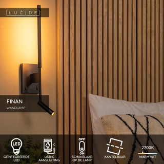 FINAN - Applique murale - LED - 2700K - Avec port de charge USB - Noir