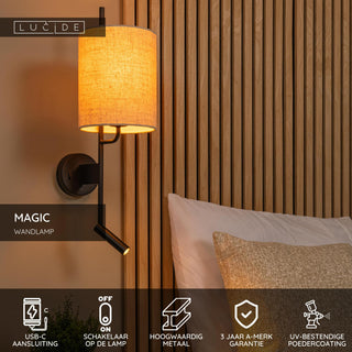 MAGIC - Wandlamp - 1xE27 - Met USB oplaadpunt - Zwart