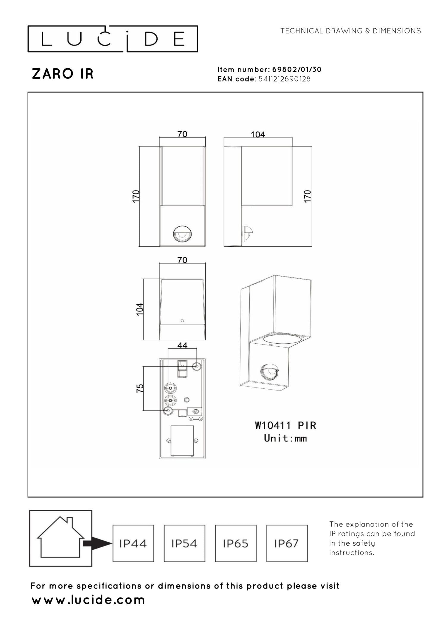 ZARO - Wandspot / Wandlamp Binnen/Buiten - 1xGU10 - IP65 - Beweging & dag/nacht sensor (uitschakelbaar) - Zwart