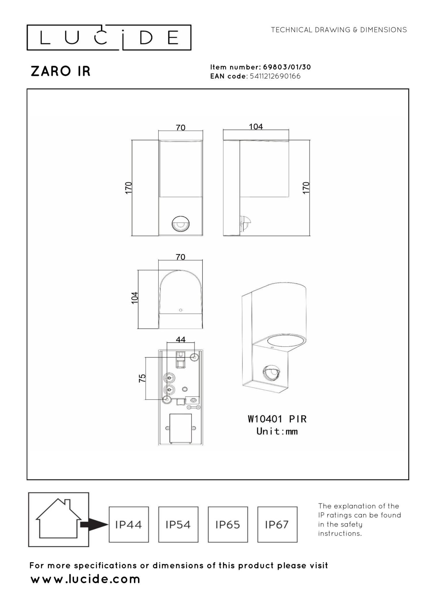 ZARO - Wandspot / Wandlamp Binnen/Buiten - 1xGU10 - IP65 - Beweging & dag/nacht sensor (uitschakelbaar) - Zwart