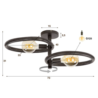 Plafonnier Pebble noir artic - 2 lumières, largeur 73 cm