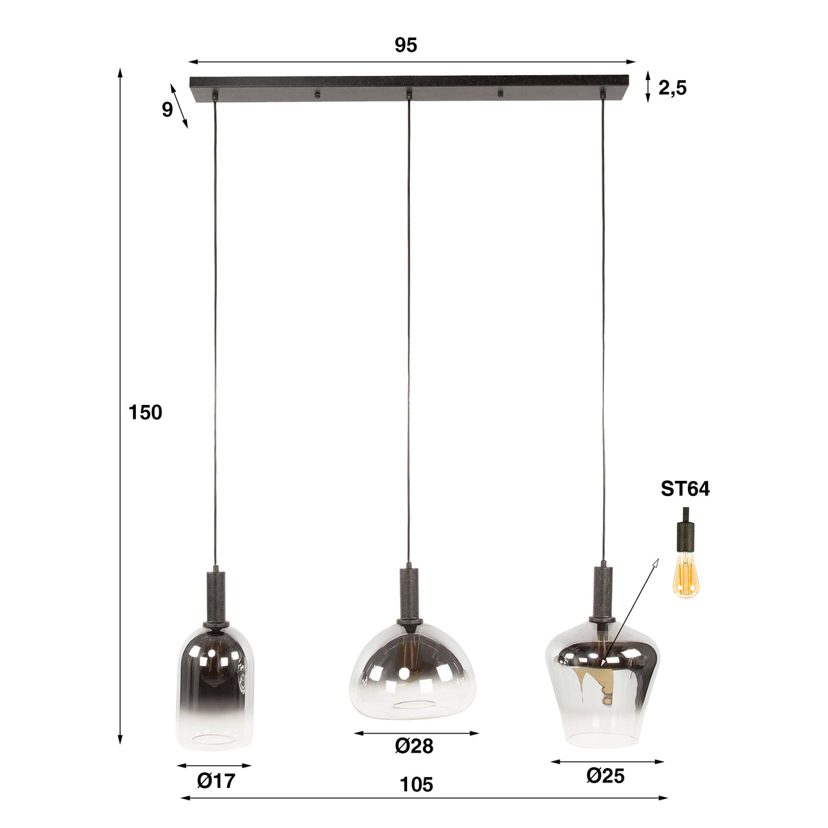 Suspension Zenith noir artic - 3 lumières, largeur 105 cm