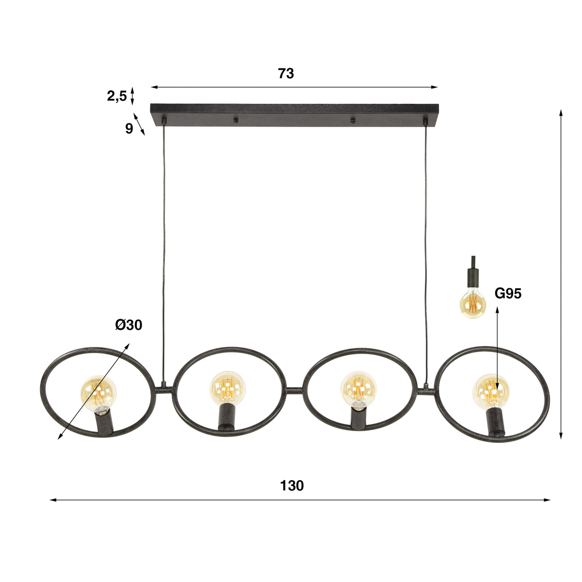 Pendant lamp Loop artic black - 4-light, 130 cm wide