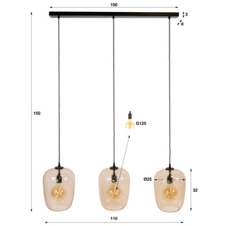 Suspension Python verre ambré - 3 lumières, largeur 110 cm