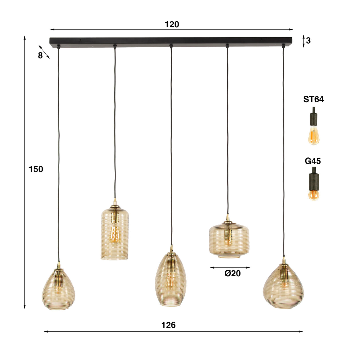 Pendant lamp Stripe Horizontal smoke brown glass - 5-light, 126 cm wide