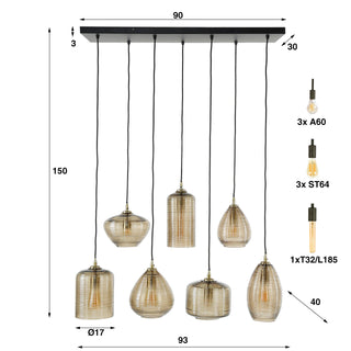 Suspension Stripe Horizontal verre ambré - 4+3 lumières, largeur 93 cm