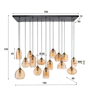 Suspension Rib Glass verre ambré - 5+5+5 lumières, largeur 155 cm