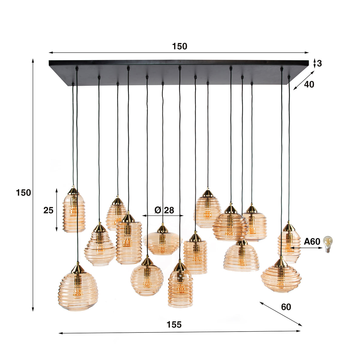 Suspension Rib Glass verre ambré - 5+5+5 lumières, largeur 155 cm