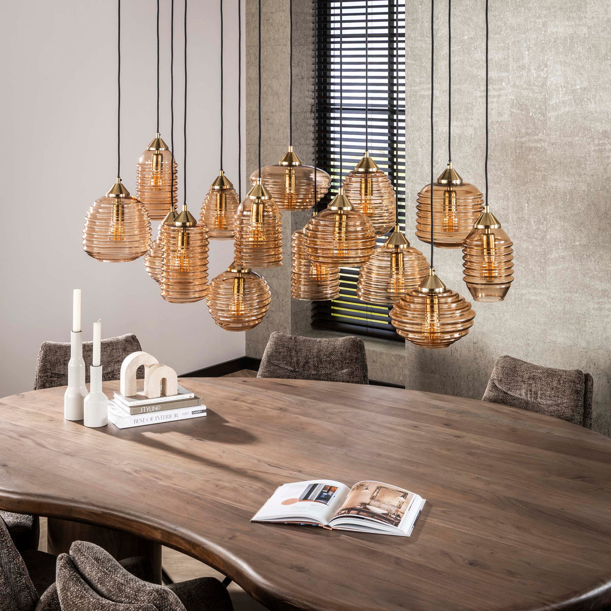 Suspension Rib Glass verre ambré - 5+5+5 lumières, largeur 155 cm