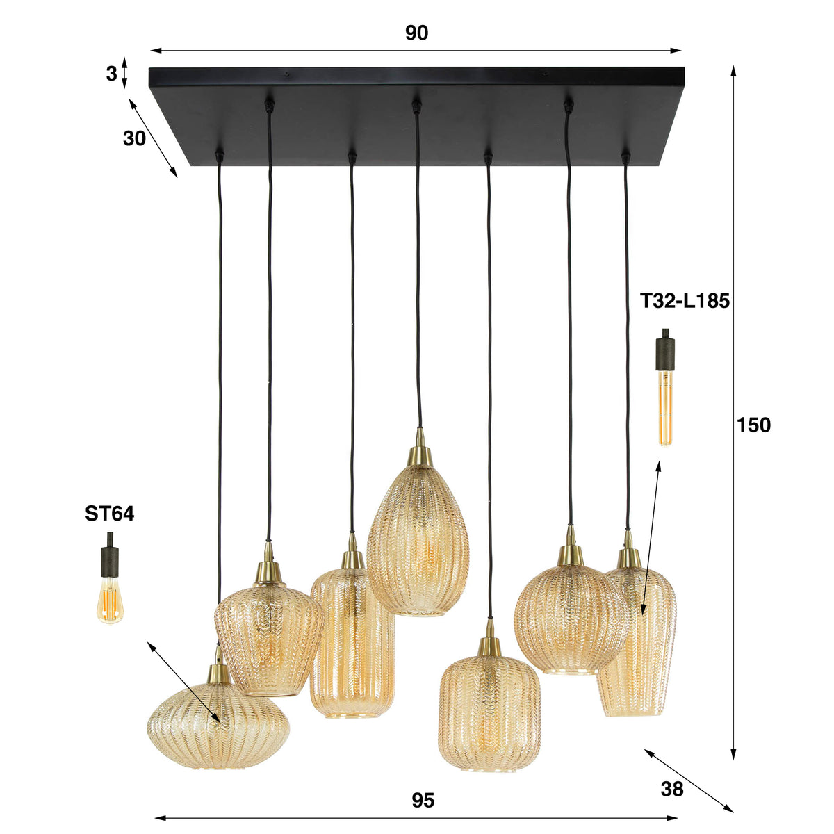 Hanglamp V-Shape amber glas - 4+3-lichts, 95 cm breed