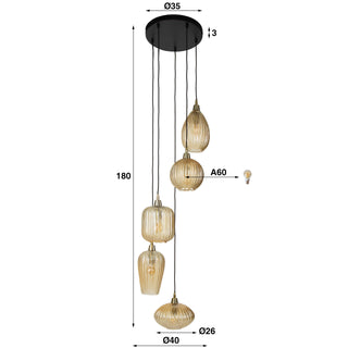 Pendant lamp V-Shape amber glass - 5-light, diameter 40 cm