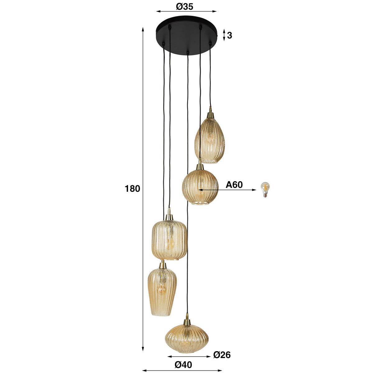 Pendant lamp V-Shape amber glass - 5-light, diameter 40 cm