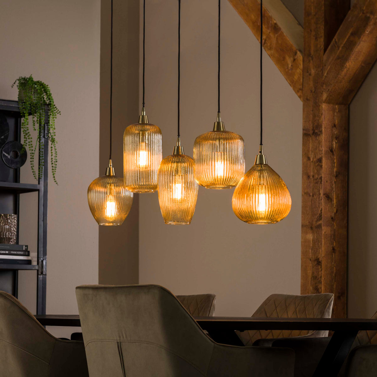 Suspension Stripe verre ambré - 5 lumières, largeur 120 cm