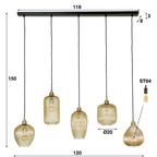 Suspension Stripe verre ambré - 5 lumières, largeur 120 cm