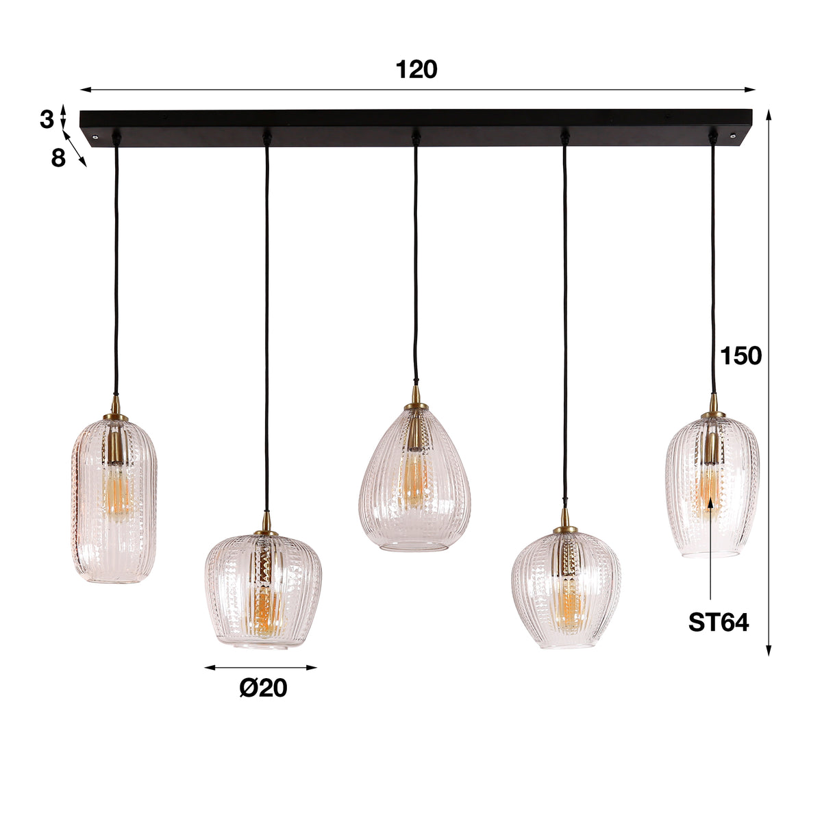 LioLights Diamond Grain diamond pendant lamp 5-light 120 cm wide – glass