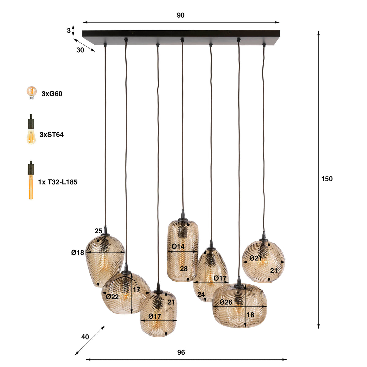 Suspension Chevron verre brun fumé - 4+3 lumières, largeur 96 cm