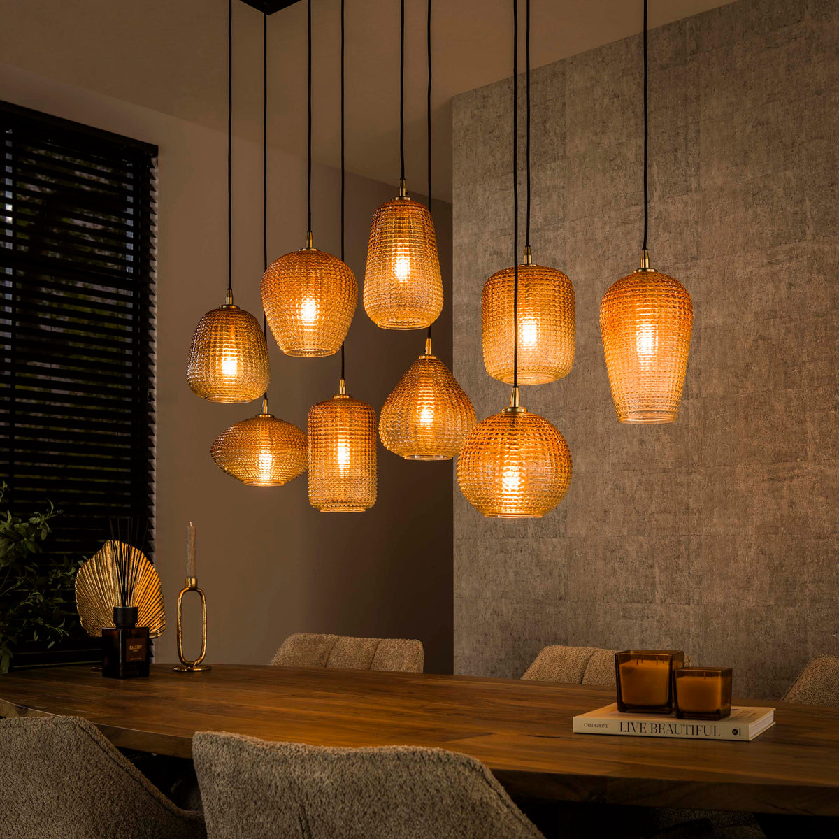 Pendant lamp Dot amber glass - 5+4-light, 120 cm wide