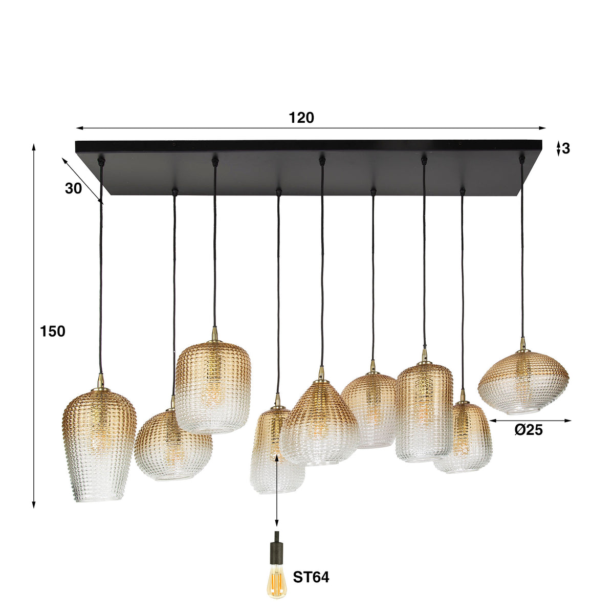 Pendant lamp Dot amber glass - 5+4-light, 120 cm wide