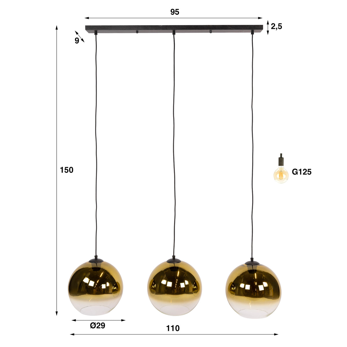 Pendant lamp Bubble Shaded gold - 3-light, 115 cm wide