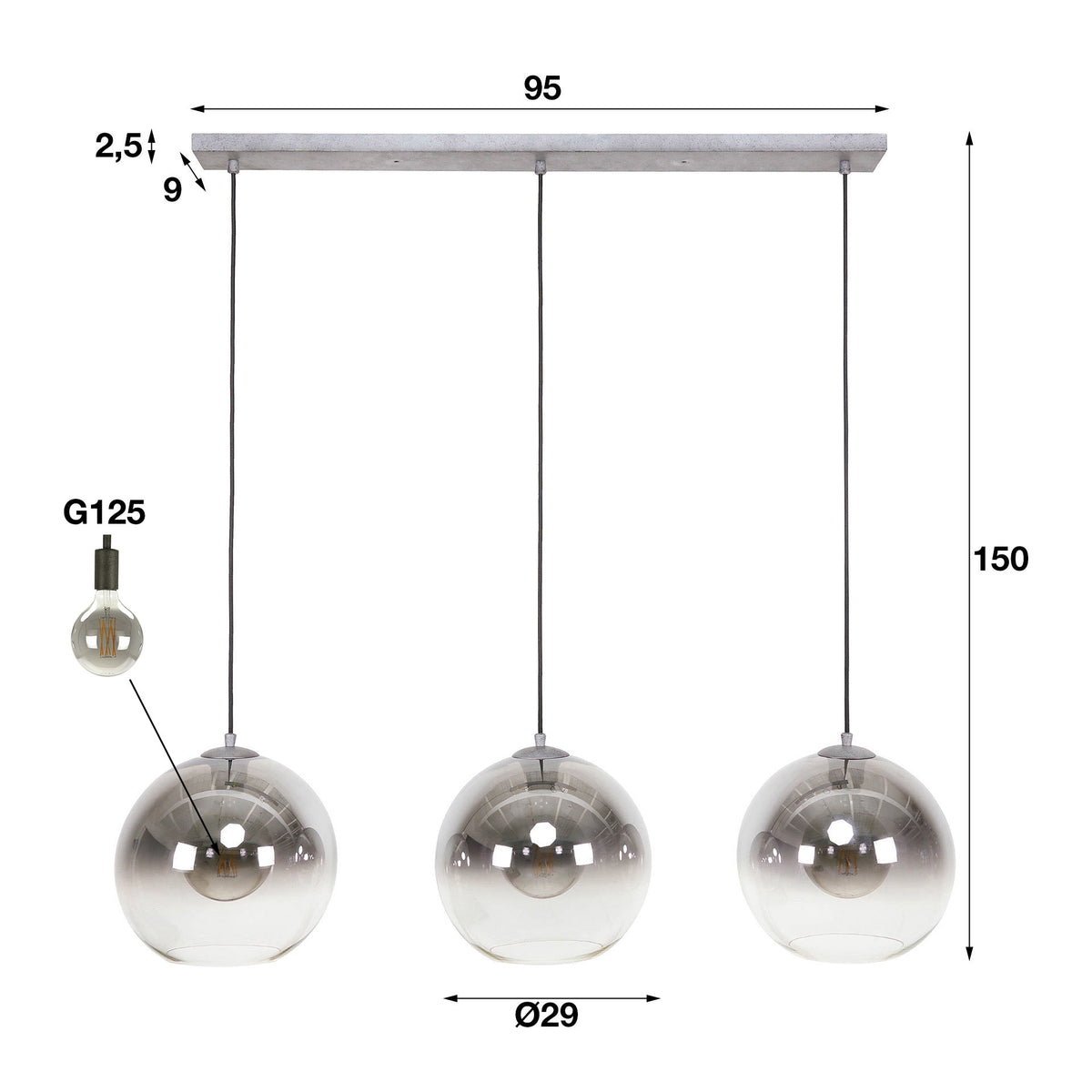 Suspension Bubble Shaded argent vieilli - 3 lumières, largeur 115 cm
