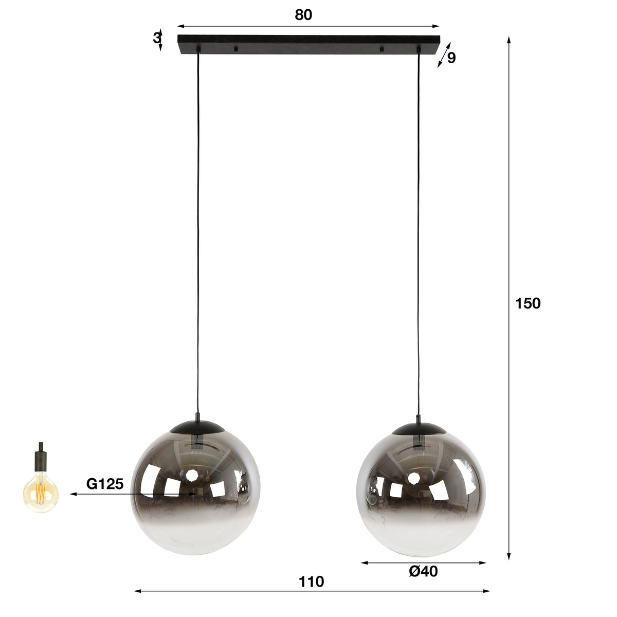 Pendant lamp Bubble Shaded XL artic black - 2-light, 110 cm wide