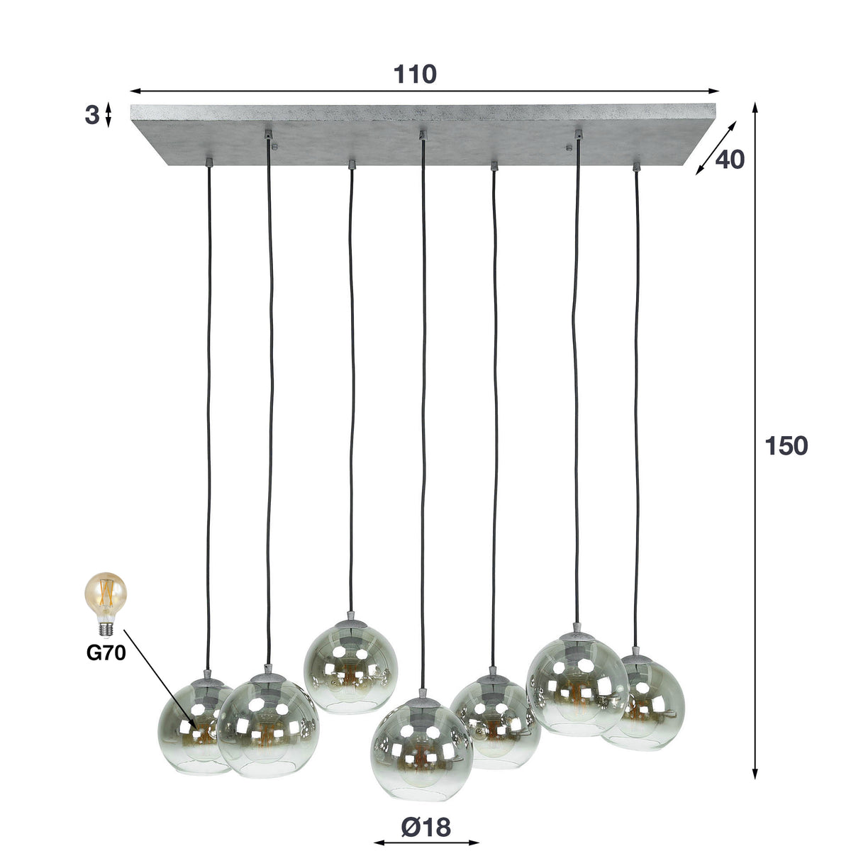 Hanglamp Bubble Shaded oud zilver - 4+3-lichts, 40 cm breed