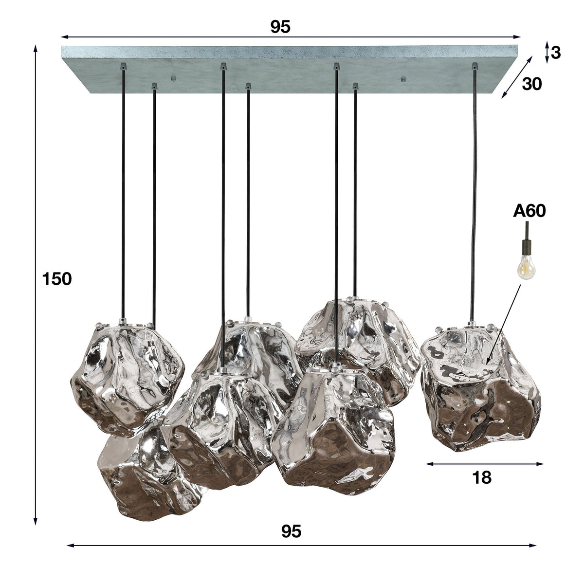 Hanglamp Rock chroom glas - 4+3-lichts, 95 cm breed