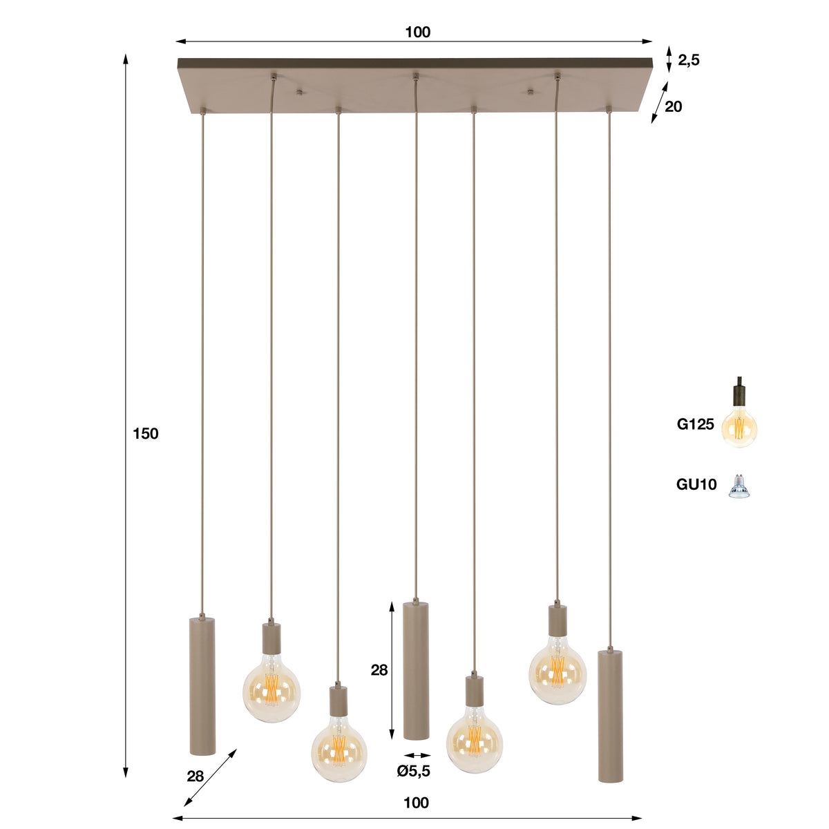 Suspension Senso beige - 4+3 lumières, largeur 100 cm