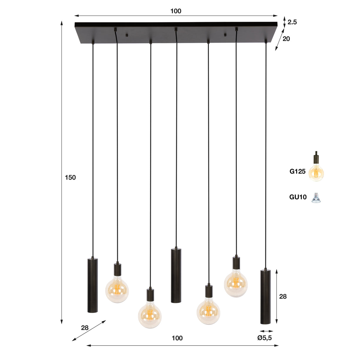 Hanglamp Senso sienna bruin - 4+3-lichts, 100 cm breed