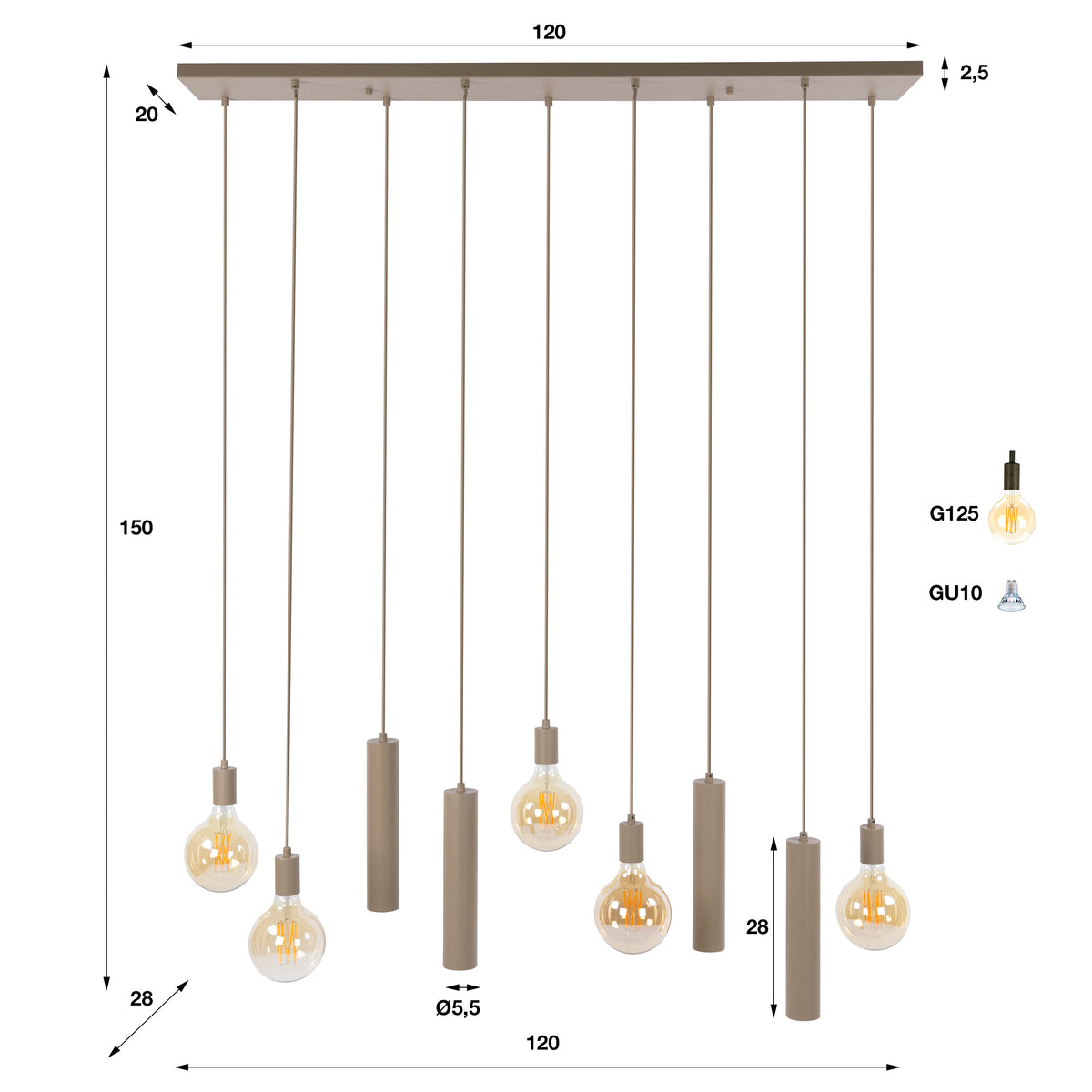 Suspension Senso beige - 5+4 lumières, largeur 120 cm