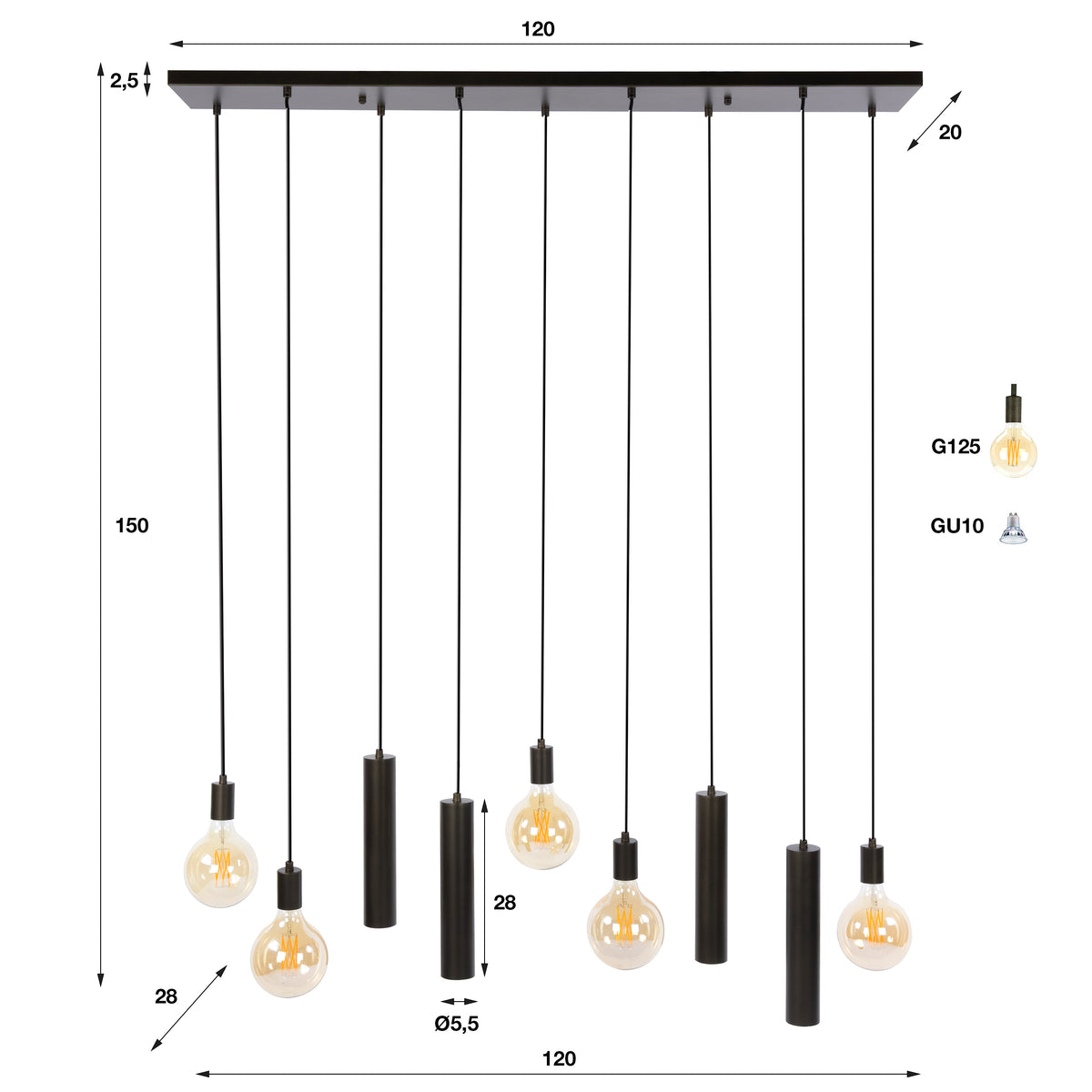 Suspension Senso brun sienna - 5+4 lumières, largeur 120 cm