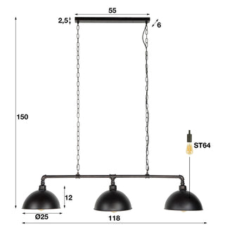 Hanglamp Industrial Tube zwart - 3-lichts, 118 cm breed