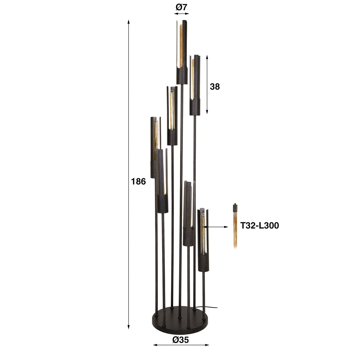 Floor lamp Tube artic black - 7-light, 186 cm high