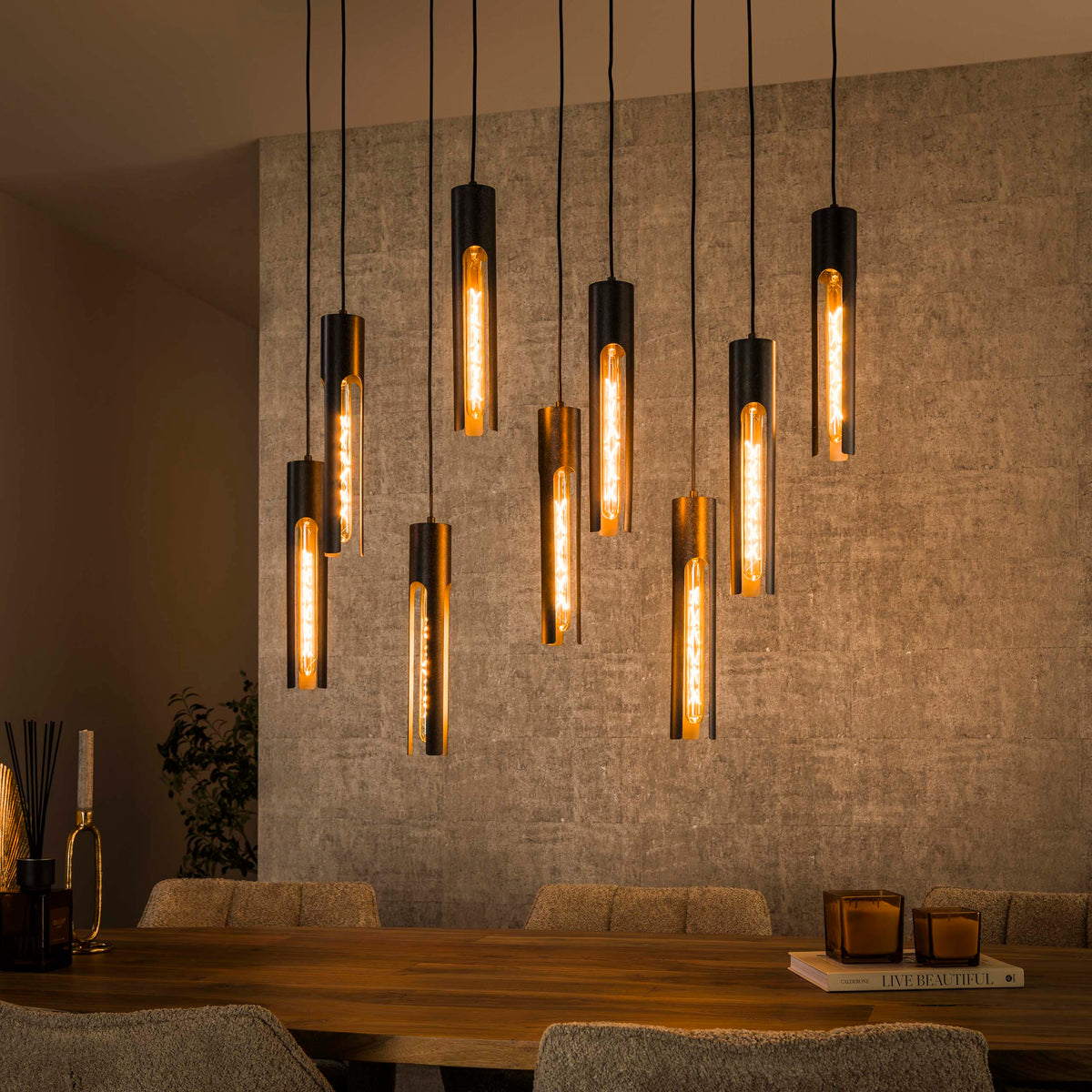 Pendant lamp Tube artic black - 5+4-light, 100 cm wide