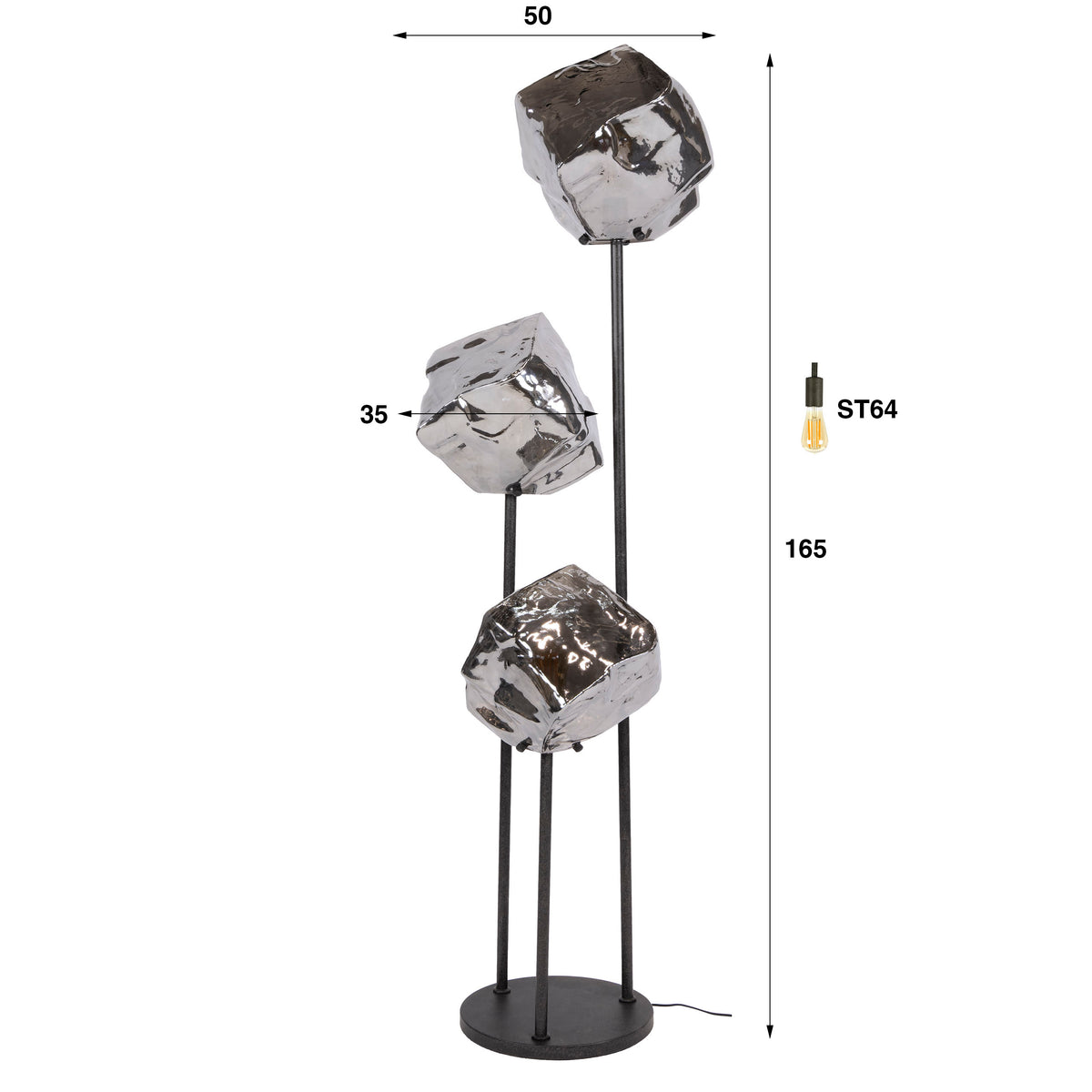 Floor lamp Rock tiered chrome glass - 3-light, 165 cm high
