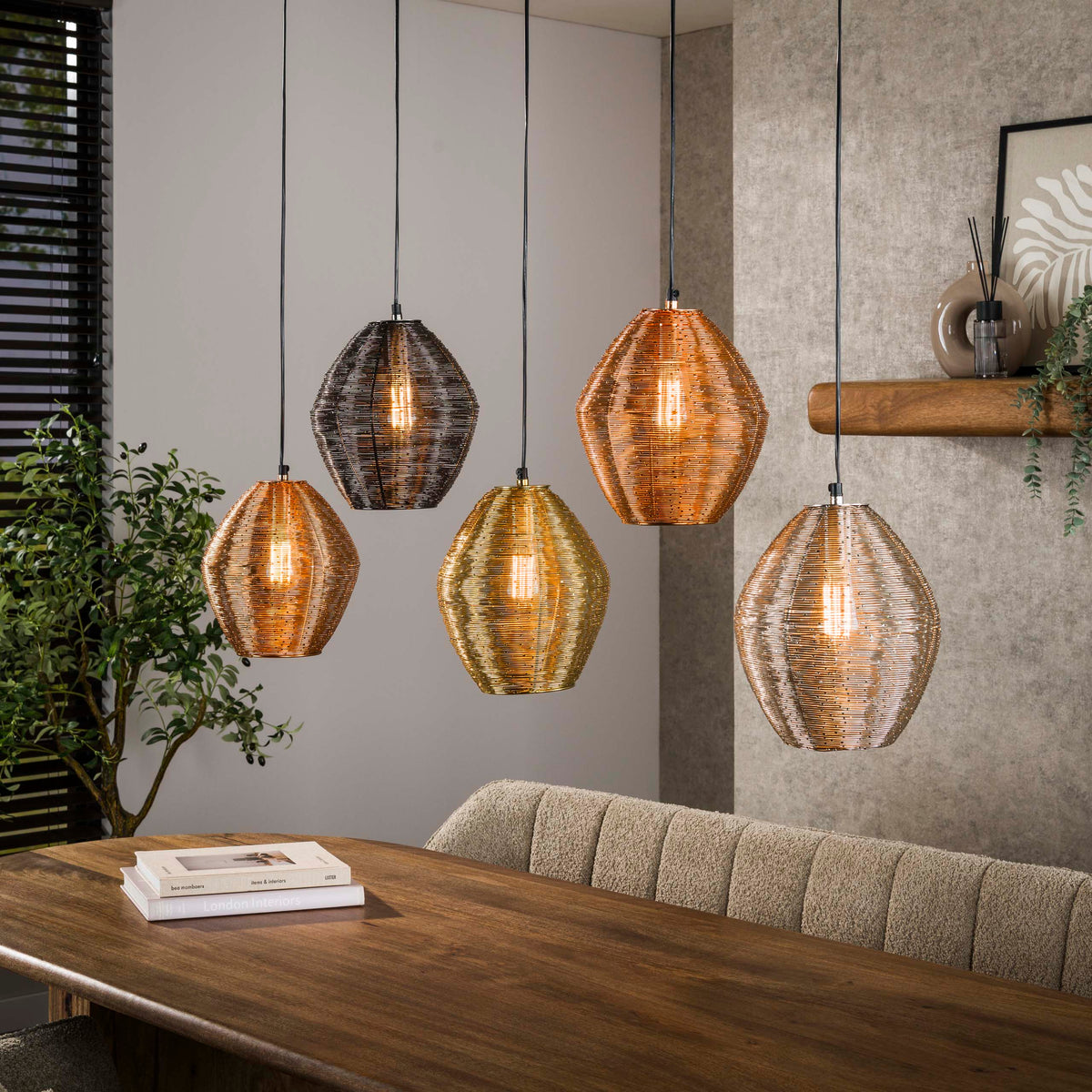 Pendant lamp Web matt nickel mix - 5-light, 118 cm wide