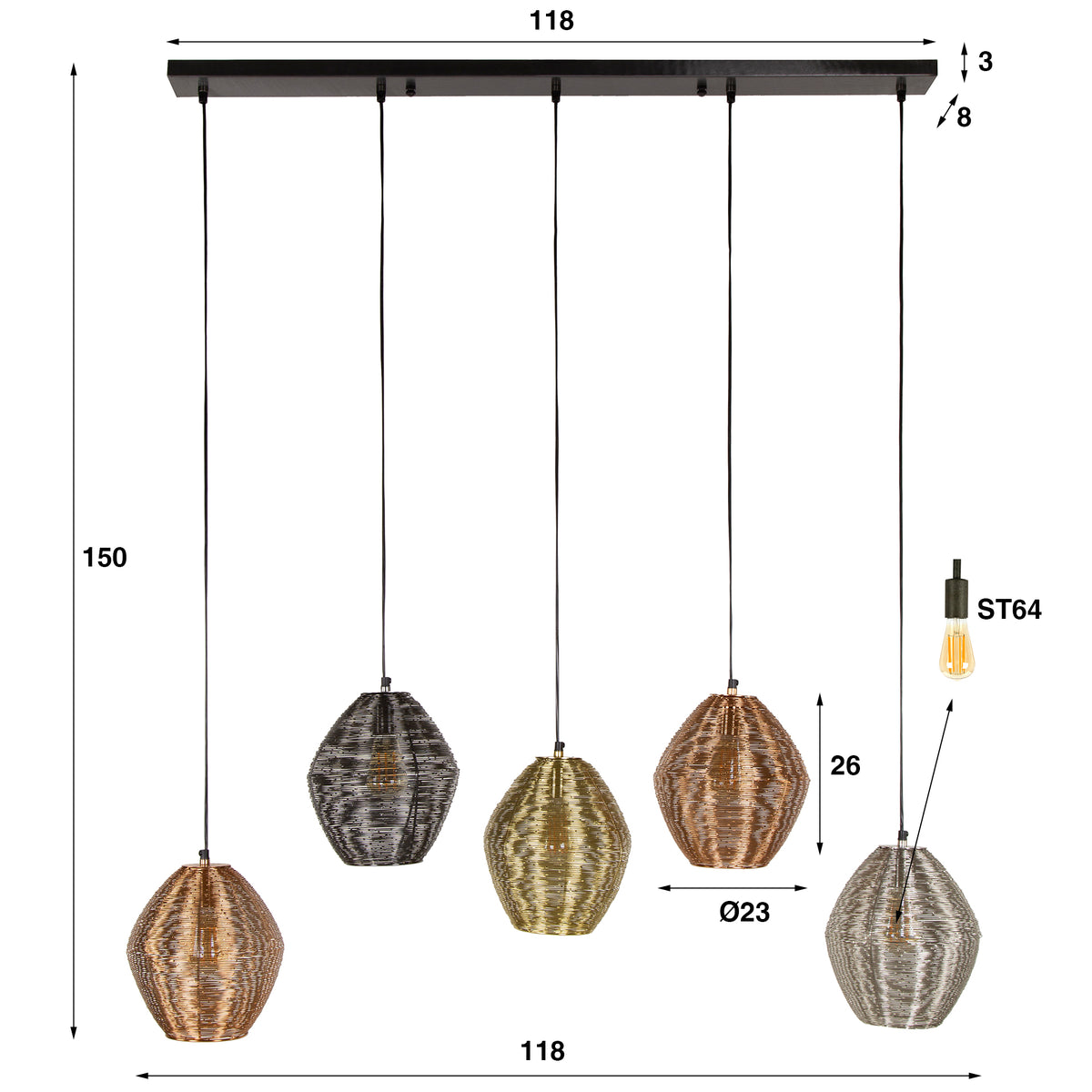 Pendant lamp Web matt nickel mix - 5-light, 118 cm wide