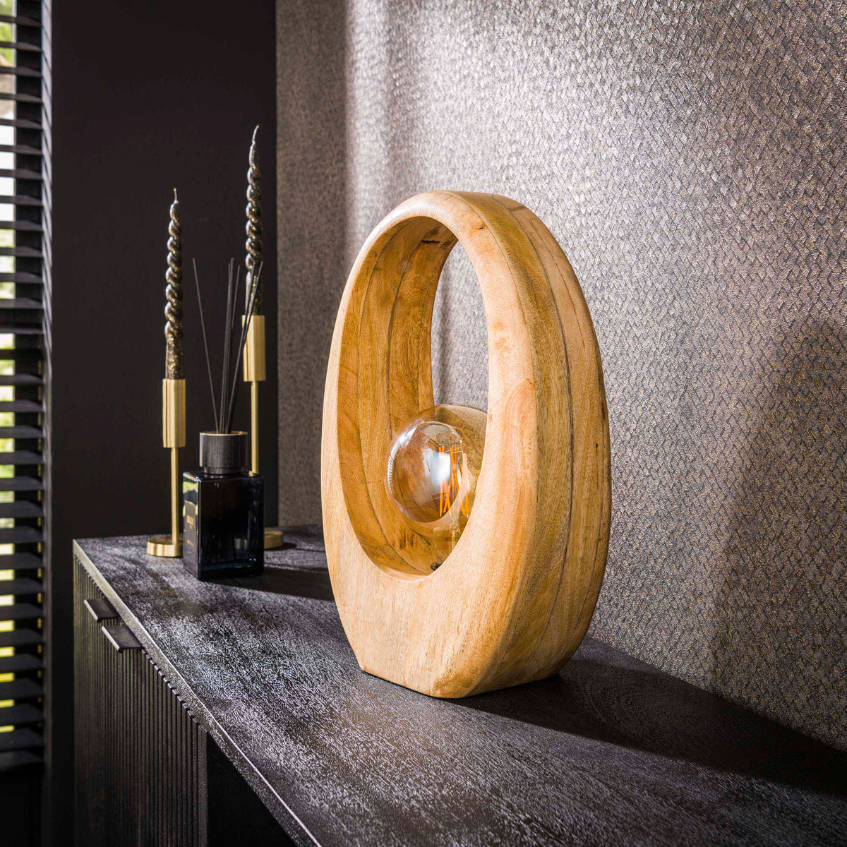 Table lamp Arch Wood L solid mango wood - 1-light, 43 cm high