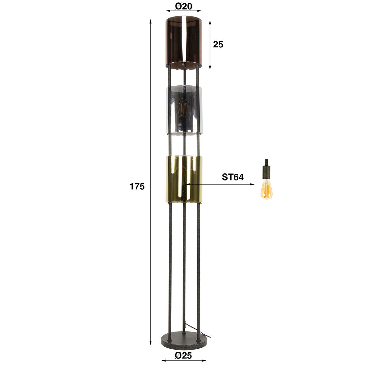 Floor lamp Lucente Tricolore artic black - 3-light, 175 cm high