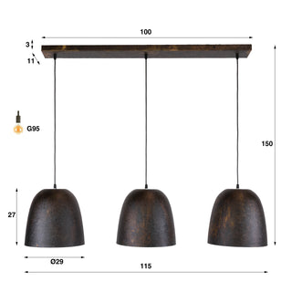 Suspension Nova brun fumé - 3 lumières, largeur 115 cm