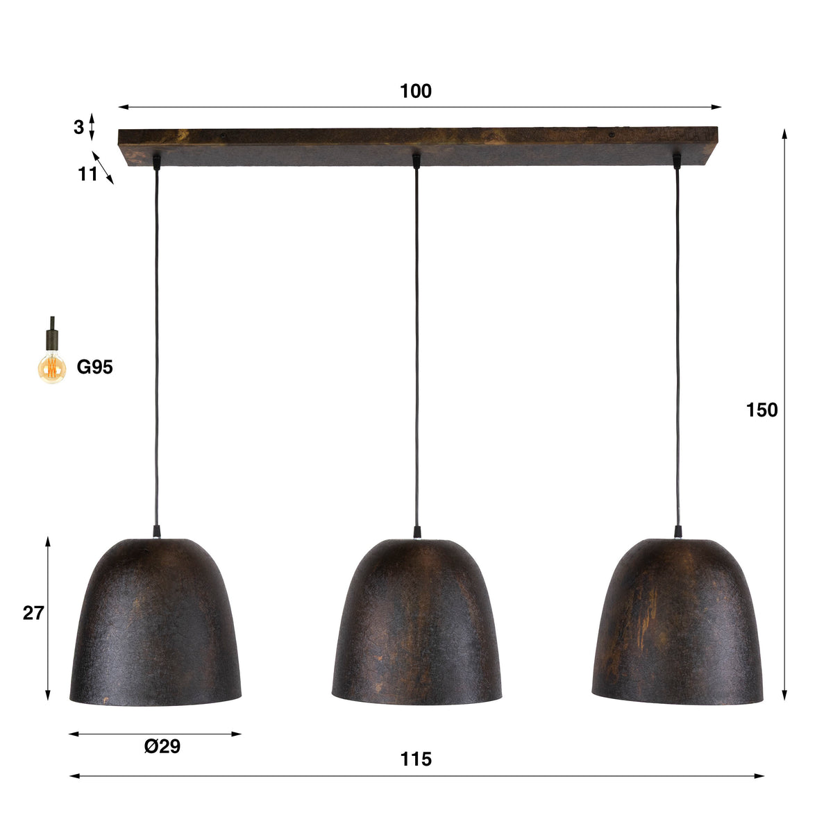 Suspension Nova brun fumé - 3 lumières, largeur 115 cm