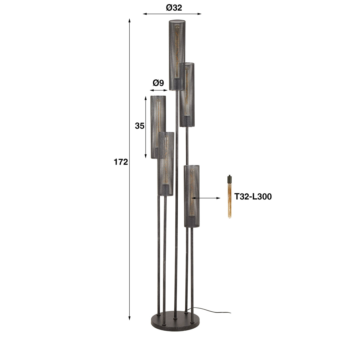 Floor lamp Tube Mesh artic black - 5-light, 172 cm high