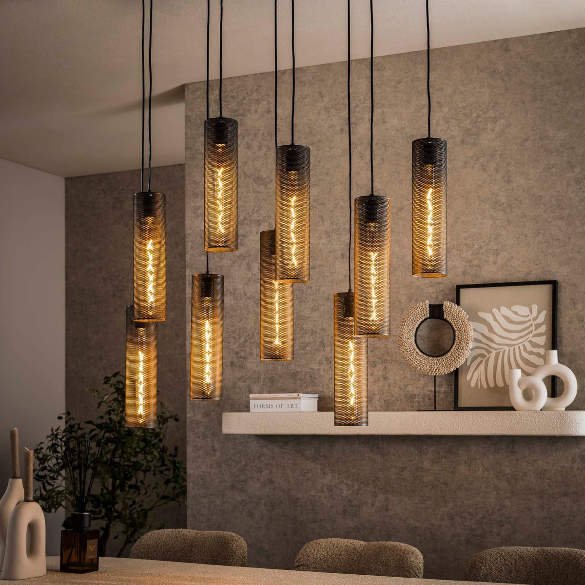 Pendant lamp Tube Mesh artic black - 5+4-light, 100 cm wide