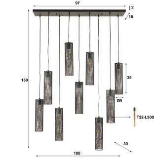 Hanglamp Tube Mesh artic zwart - 5+4-lichts, 100 cm breed