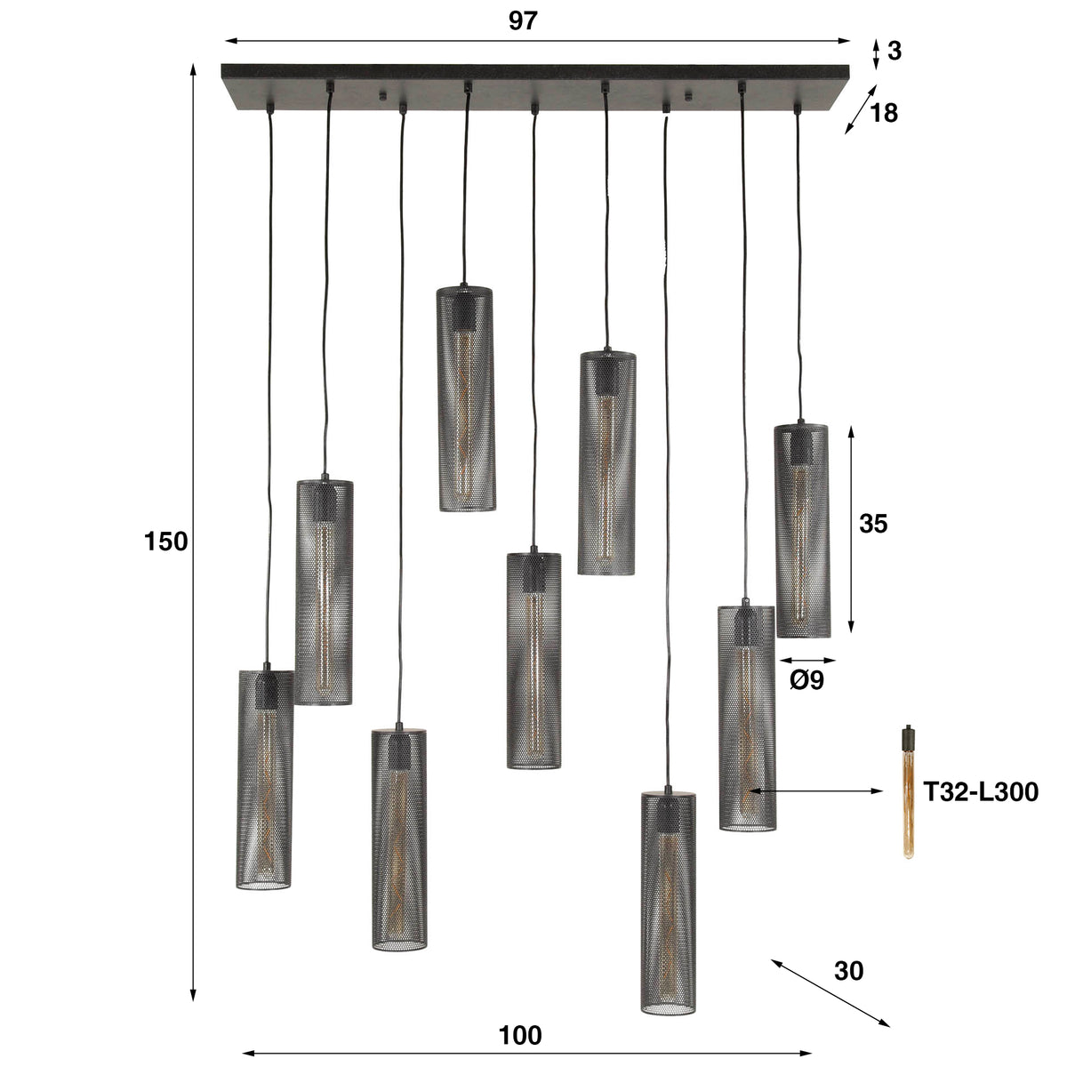 Pendant lamp Tube Mesh artic black - 5+4-light, 100 cm wide