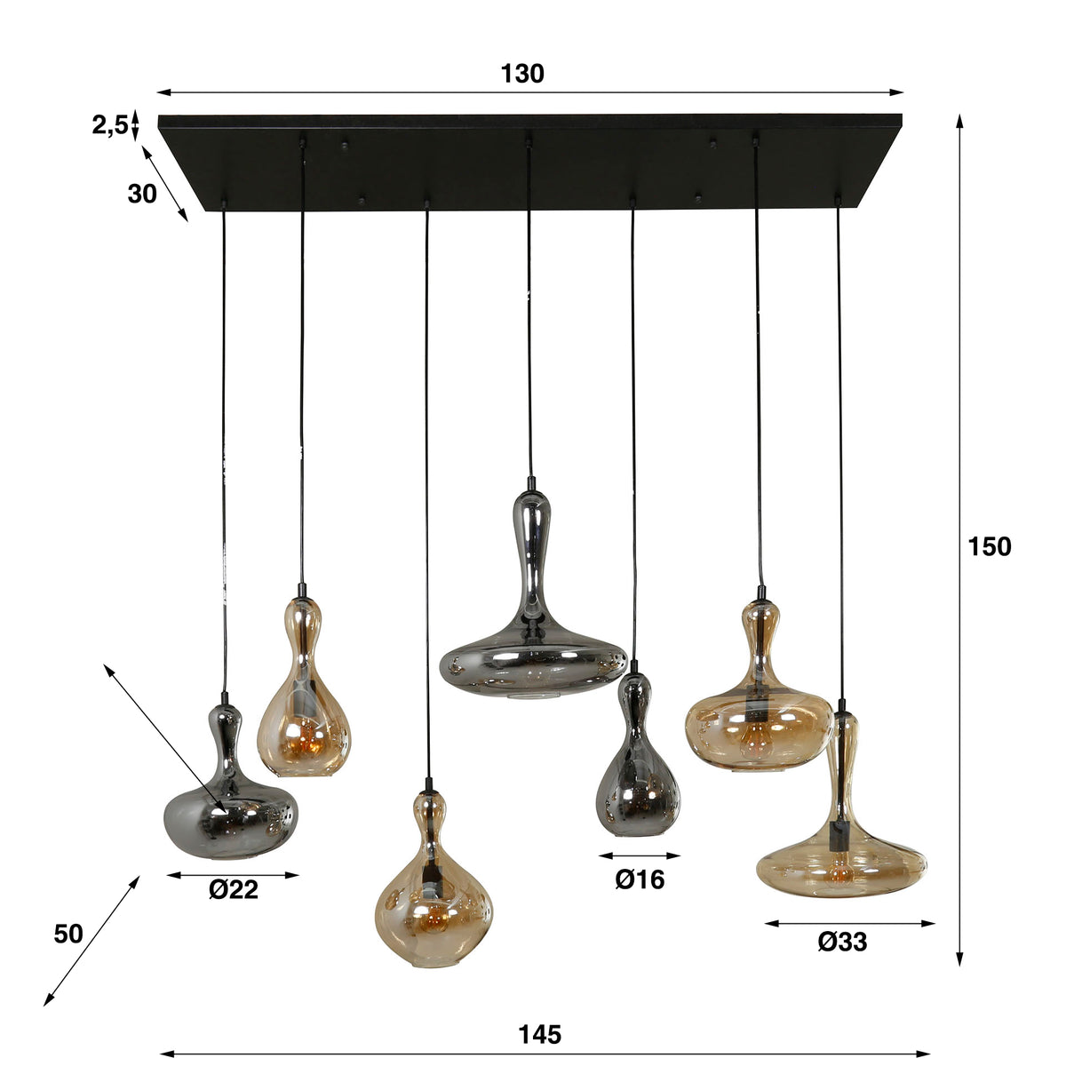 Hanglamp Karaf artic zwart - 4+3-lichts, 145 cm breed