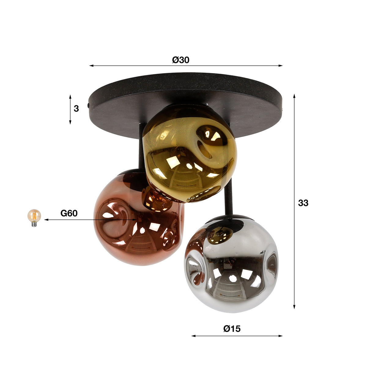Plafondlamp Stellar artic zwart - 3-lichts, diameter 30 cm