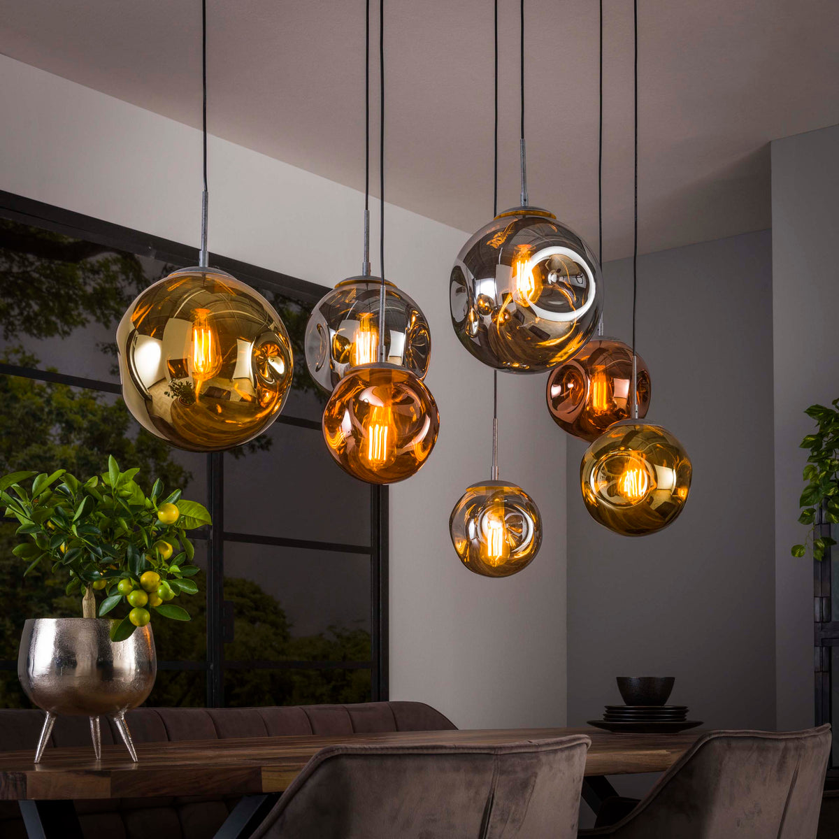 Pendant lamp Stellar old silver - 4+3-light, 145 cm wide