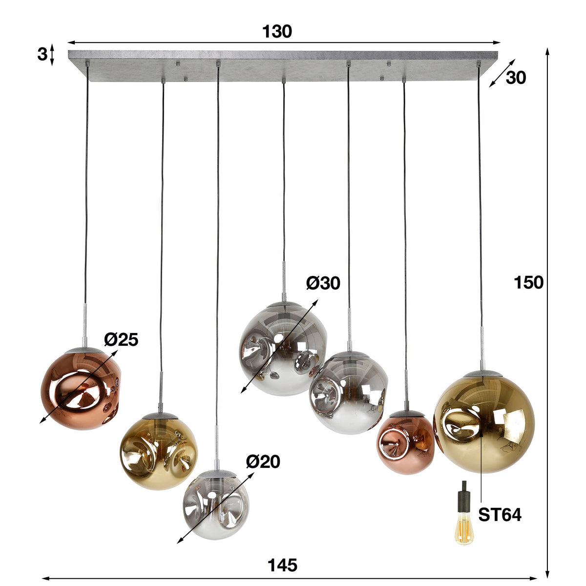Suspension Stellar argent vieilli - 4+3 lumières, largeur 145 cm