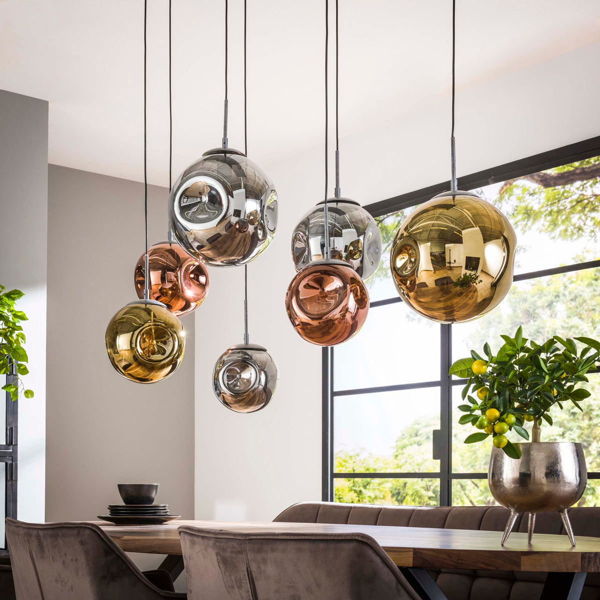 Pendant lamp Stellar old silver - 4+3-light, 145 cm wide
